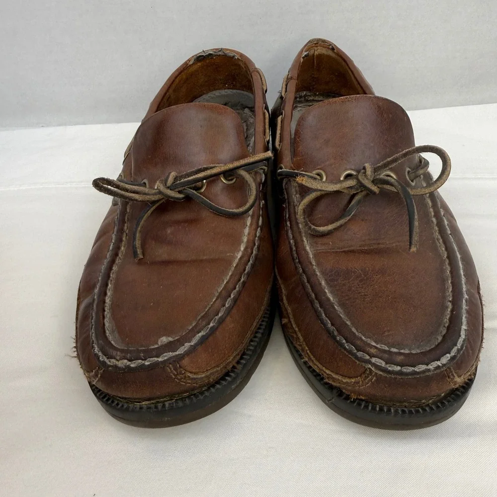 Cabelas Mens Brown Leather Boat Shoes Vibram Sole 10D 82-2286 Loafers